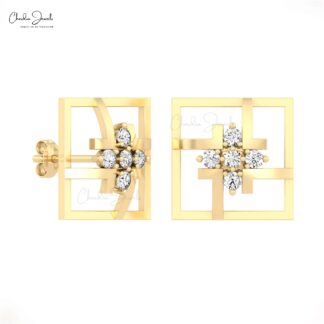 Five Stone Round Cut Studs In 2mm White Diamond Accents In 14k Solid Gold Square Earrings