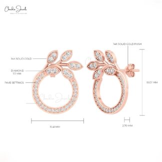Open Circle Push Back Earrings In Real 14k Gold White Diamond Floral Studs For Her