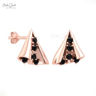 Brilliant Cut Dainty Studs With 2mm Black Diamond 14k Real Gold Curved Fine Earrings