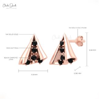 Brilliant Cut Dainty Studs With 2mm Black Diamond 14k Real Gold Curved Fine Earrings