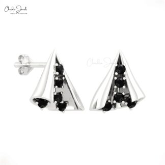 Brilliant Cut Dainty Studs With 2mm Black Diamond 14k Real Gold Curved Fine Earrings