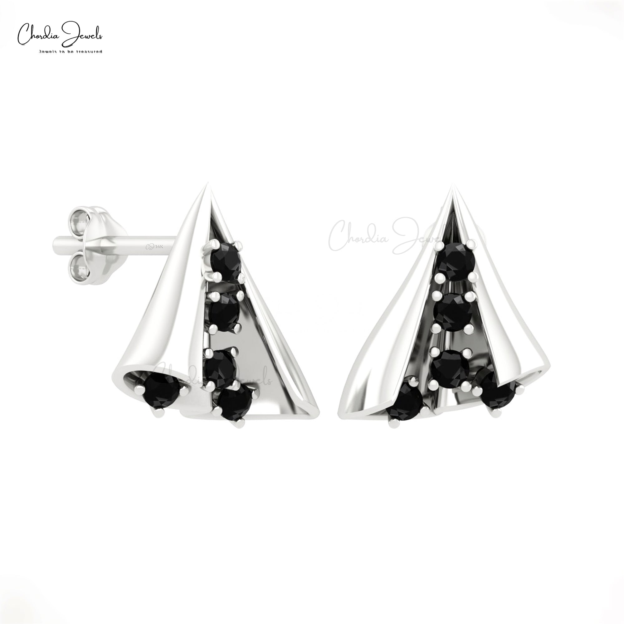 Brilliant Cut Dainty Studs With 2mm Black Diamond 14k Real Gold Curved Fine Earrings