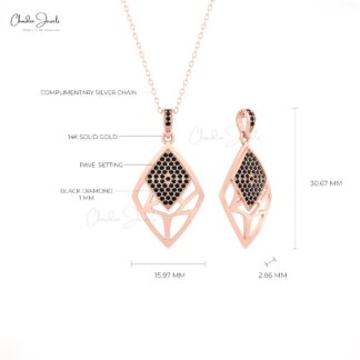 Dange Rhombus Pendant With 0.29 Ct Black Diamond Pave Set in Pure 14k Gold Pendants