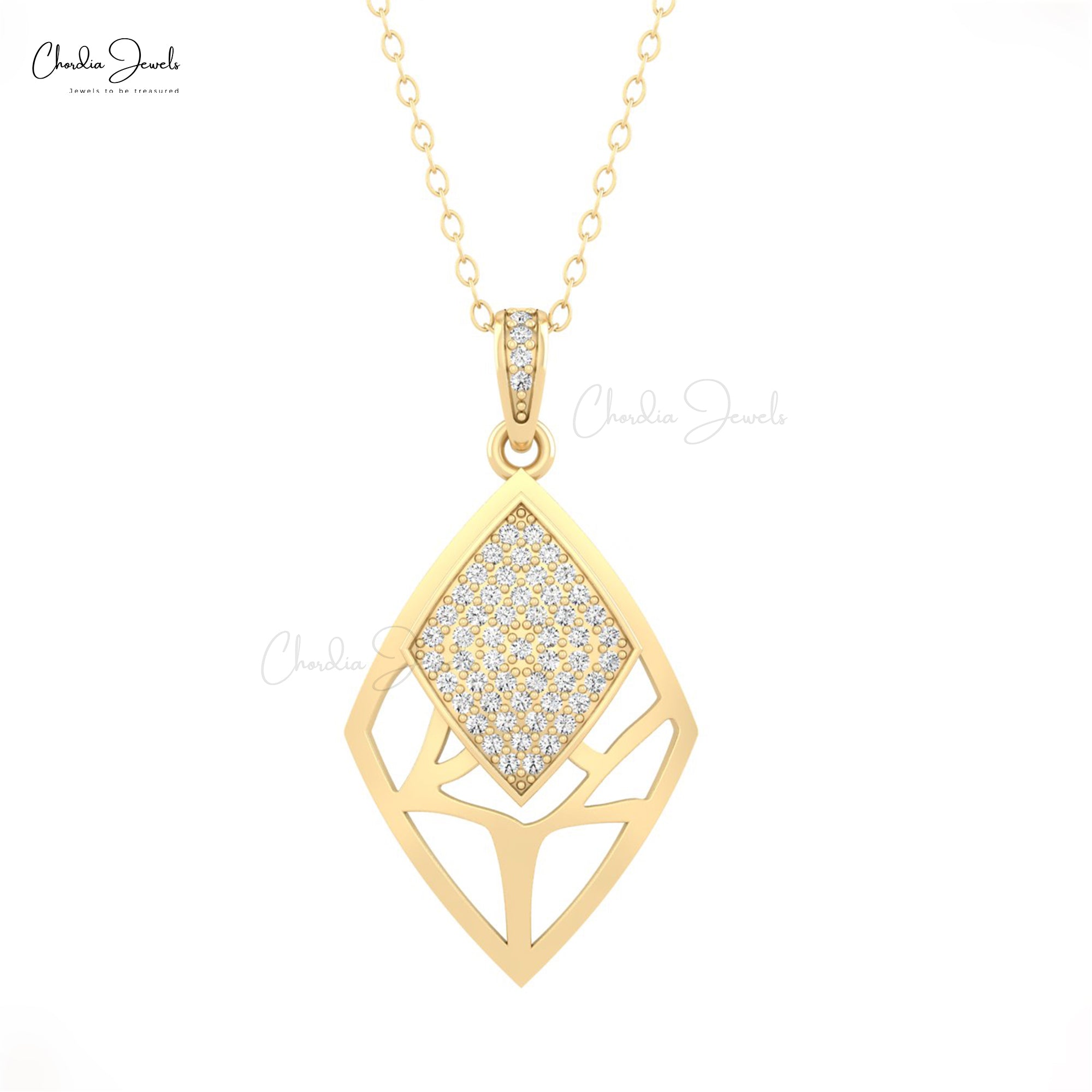 Rhombus Shape Cluster Pendant In Real 14k Gold G-h Diamond 1mm Round Necklace