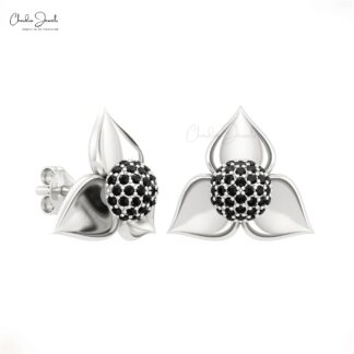 Dainty Round Cut Floral Studs With 0.9mm Black Diamond Detachable Hallmark Earrings