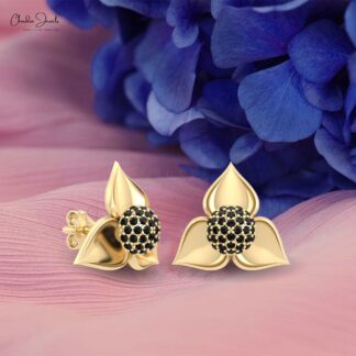 Dainty Round Cut Floral Studs With 0.9mm Black Diamond Detachable Hallmark Earrings
