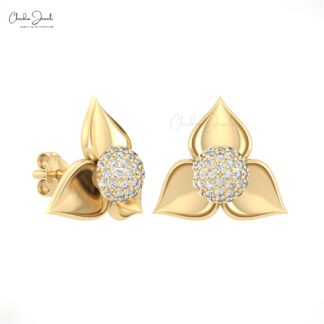 Detachable Flower Earrings In Solid 14k Gold Round Diamond Push Back Dainty Studs
