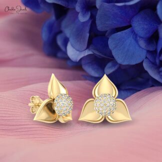 Detachable Flower Earrings In Solid 14k Gold Round Diamond Push Back Dainty Studs