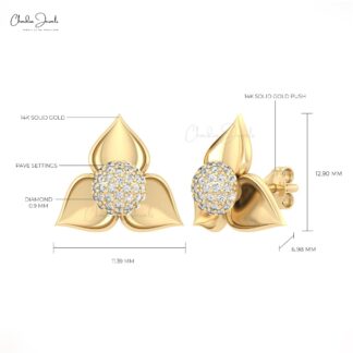 Detachable Flower Earrings In Solid 14k Gold Round Diamond Push Back Dainty Studs