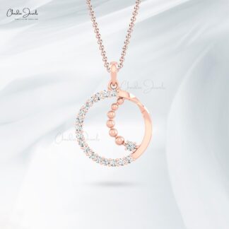 Real 14k Gold Circle Pendant With 0.57 Ct White Diamond April Birthstone Necklace For Her