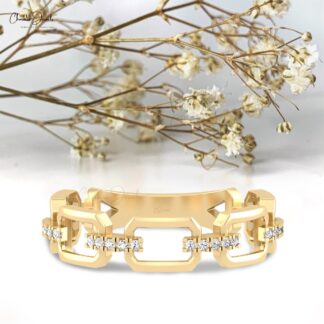 Natural White Diamond Link Ring in 14k Solid Gold Pave Set Minimalist Wedding Rings