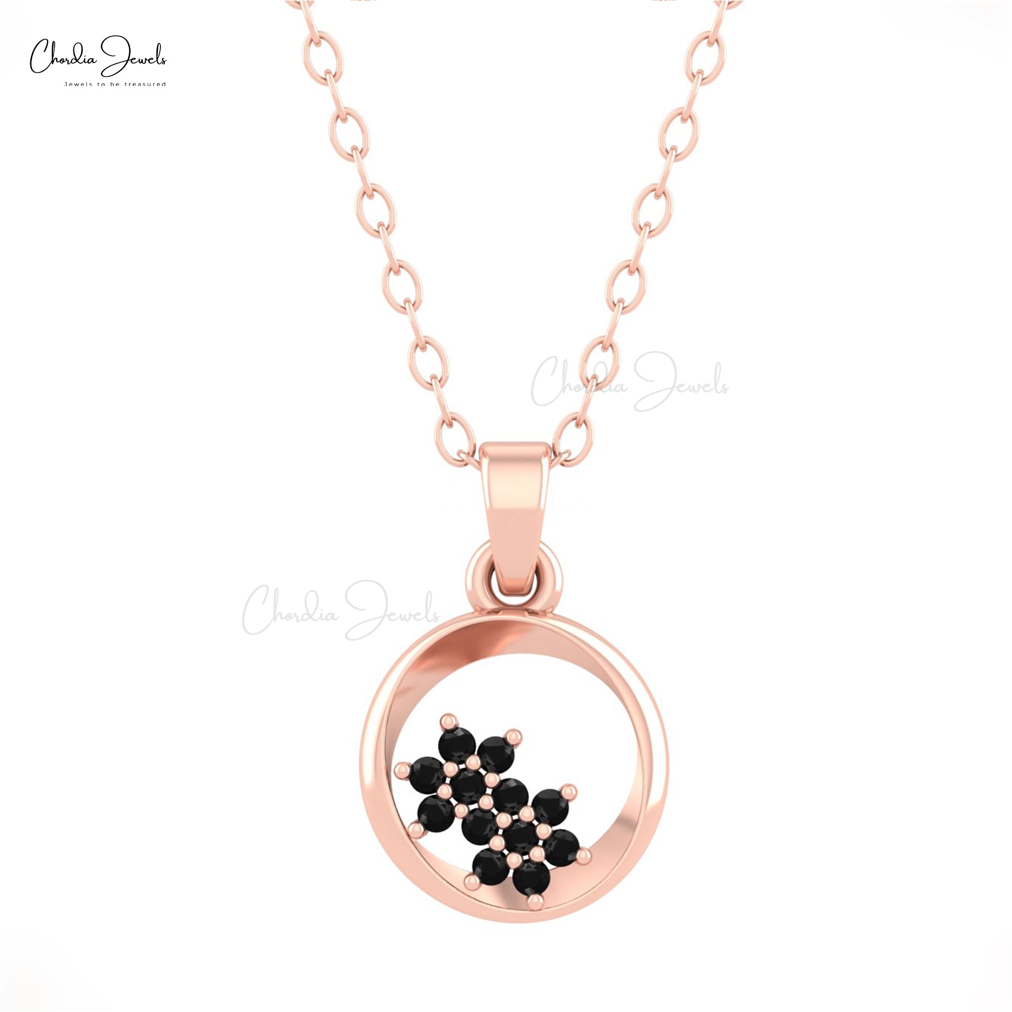 Cluster Open Circle Pendant With 0.06 Ct Black Diamond Pave Set 14k Solid Gold Pendant