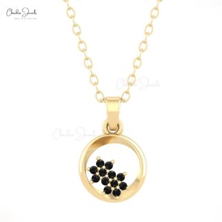 Cluster Open Circle Pendant With 0.06 Ct Black Diamond Pave Set 14k Solid Gold Pendant