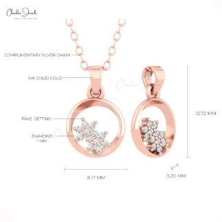 Solid 14k Gold Open Circle Pendant With Pave Set 1mm G-H Diamond Cluster Unique Necklace