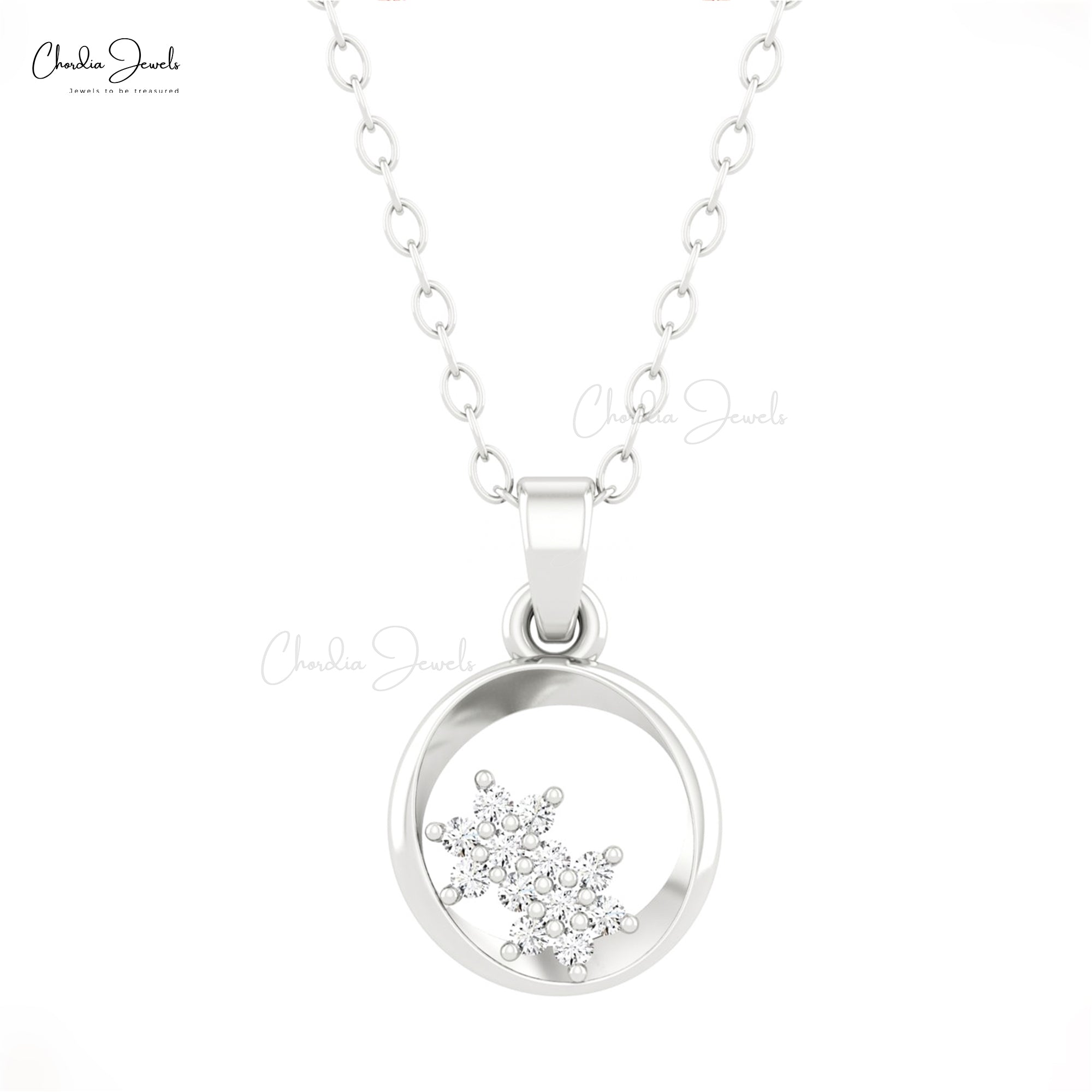 Solid 14k Gold Open Circle Pendant With Pave Set 1mm G-H Diamond Cluster Unique Necklace