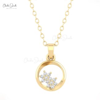 Solid 14k Gold Open Circle Pendant With Pave Set 1mm G-H Diamond Cluster Unique Necklace