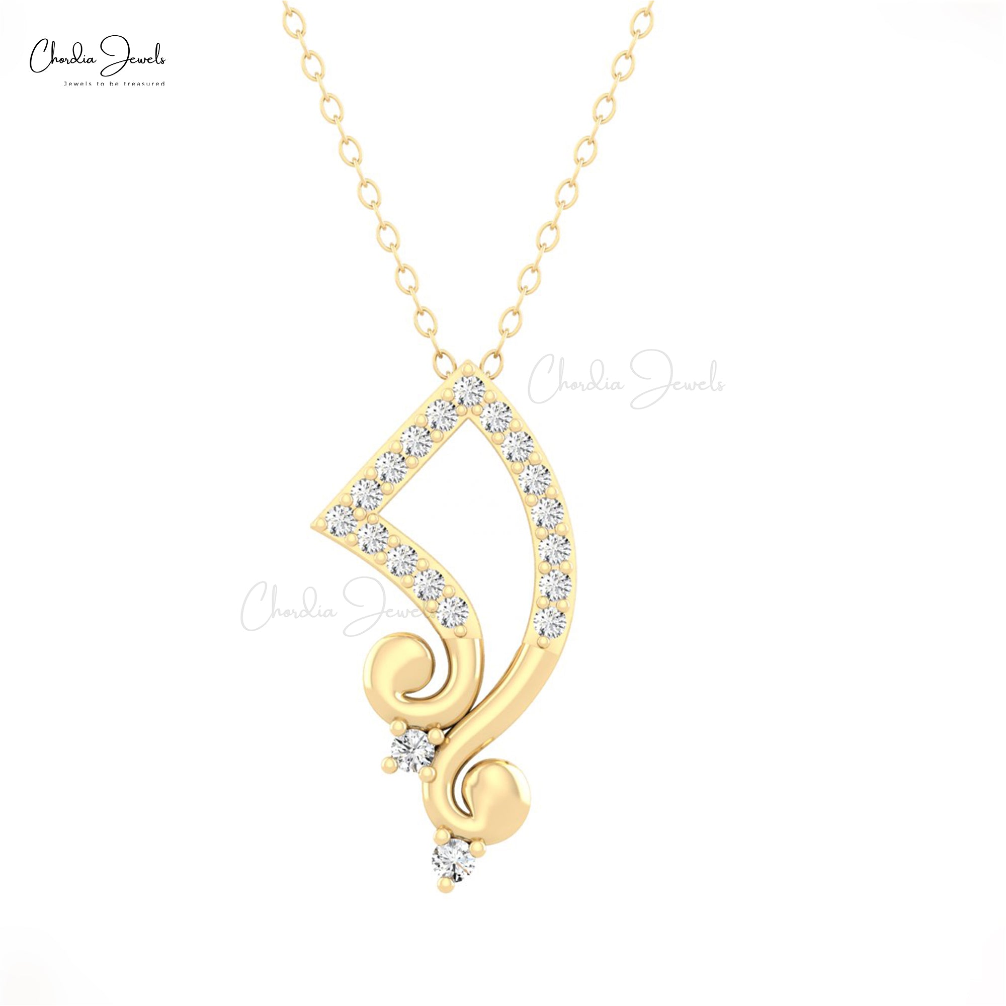 Musical Note Inspired Pendant In 14k Real Gold White Diamond Minimalist Necklace