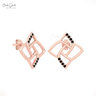 Dainty Floral Studs With 1mm Round Balck Diamond Push Back Earrings In 14k Real Gold