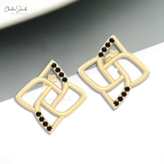 Dainty Floral Studs With 1mm Round Balck Diamond Push Back Earrings In 14k Real Gold