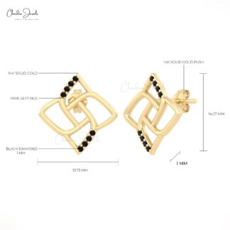 Dainty Floral Studs With 1mm Round Balck Diamond Push Back Earrings In 14k Real Gold