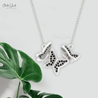 Cluster Butterfly Necklace WIth 1mm Black Diamond Dainty Chain Necklaces In 14k Pure Gold