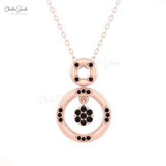 Dangle Black Diamond Open Circle Pendant With 0.19 Ct Round Cut 14k Real Gold Jewelry