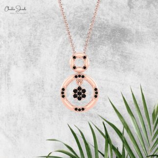 Dangle Black Diamond Open Circle Pendant With 0.19 Ct Round Cut 14k Real Gold Jewelry