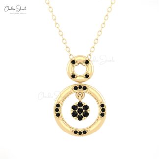 Dangle Black Diamond Open Circle Pendant With 0.19 Ct Round Cut 14k Real Gold Jewelry