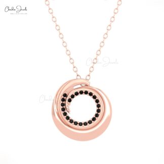 Open Circle Hidden Bail Pendant With 0.12 Ct Black Diamond Swirl Necklace In 14k Real Gold