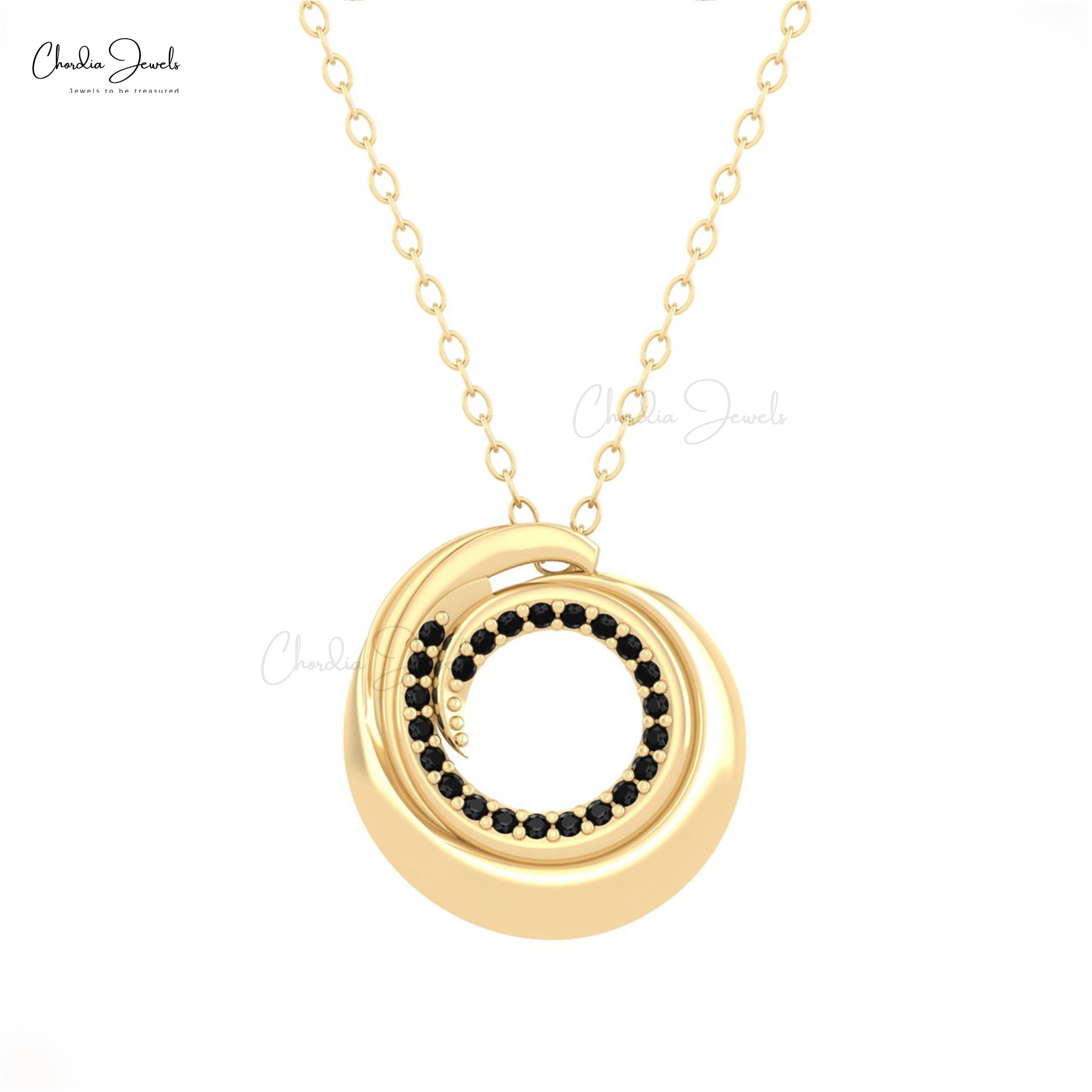 Open Circle Hidden Bail Pendant With 0.12 Ct Black Diamond Swirl Necklace In 14k Real Gold