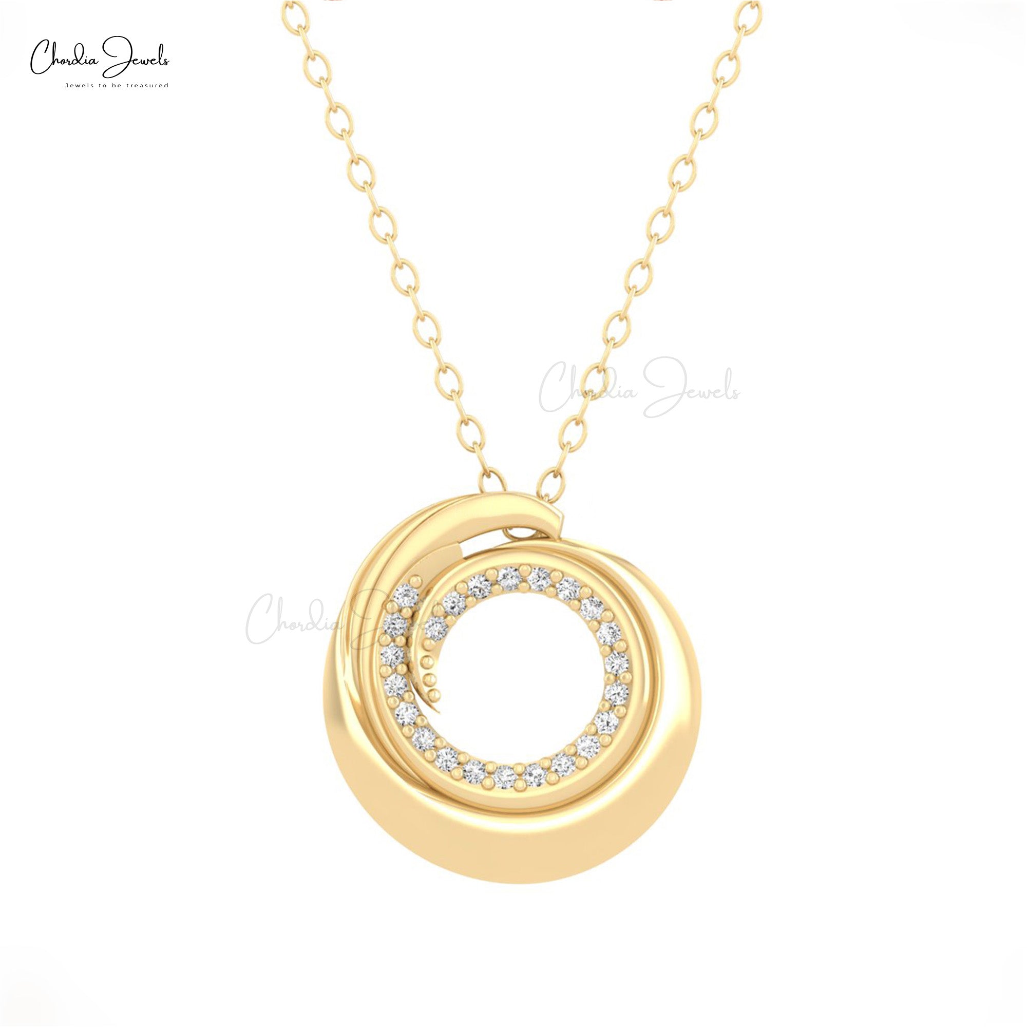 Pure 14k Gold Swirl Pendant In 1mm White Diamond Open Circle Handmade Pendants