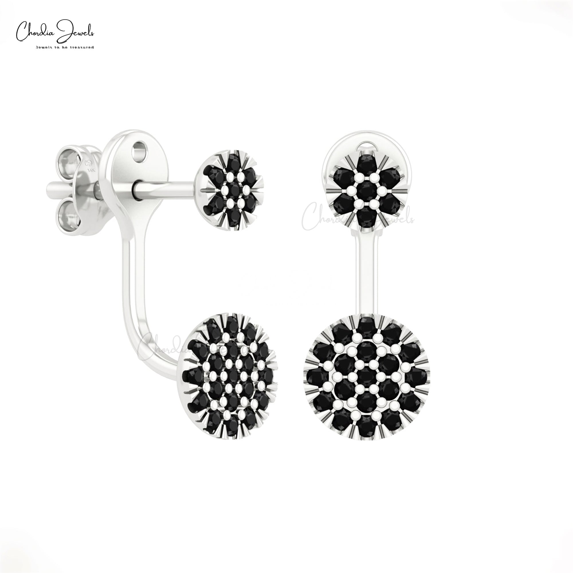 Diamond Cluster Disc Stud With 1mm Black Diamond Detachable Earrings In 14k Solid Gold