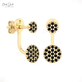 Diamond Cluster Disc Stud With 1mm Black Diamond Detachable Earrings In 14k Solid Gold