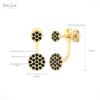Diamond Cluster Disc Stud With 1mm Black Diamond Detachable Earrings In 14k Solid Gold