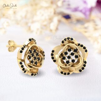 Floral Push Back Studs In 14k Real Gold White Diamond Hallmarked Daisy Earrings