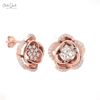 Real 14k Gold Flower Earrings With 0.33 Ct Small Diamond Daisy Floral Studs For Daughter