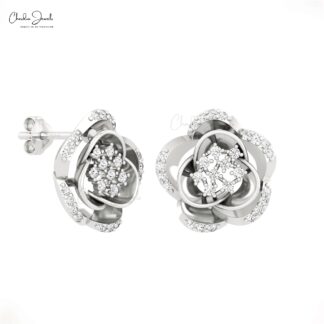 Real 14k Gold Flower Earrings With 0.33 Ct Small Diamond Daisy Floral Studs For Daughter
