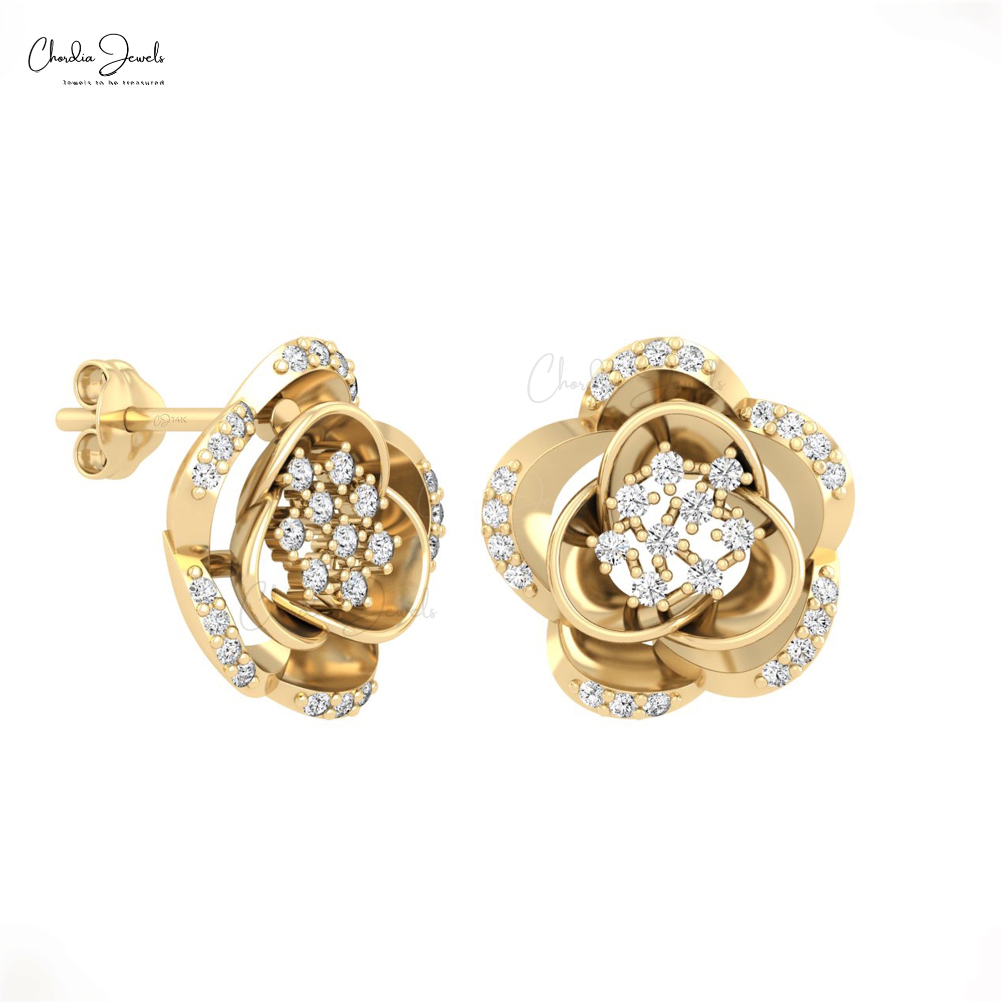 Real 14k Gold Flower Earrings With 0.33 Ct Small Diamond Daisy Floral Studs For Daughter