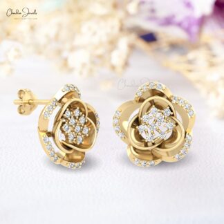 Real 14k Gold Flower Earrings With 0.33 Ct Small Diamond Daisy Floral Studs For Daughter