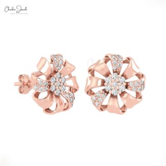 Flower Style Women Earrings With 0.39 Ct G-H Diamond Push Back Studs In 14k Real Gold