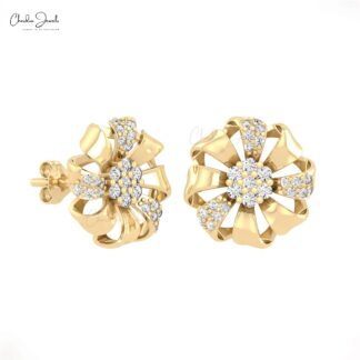 Flower Style Women Earrings With 0.39 Ct G-H Diamond Push Back Studs In 14k Real Gold