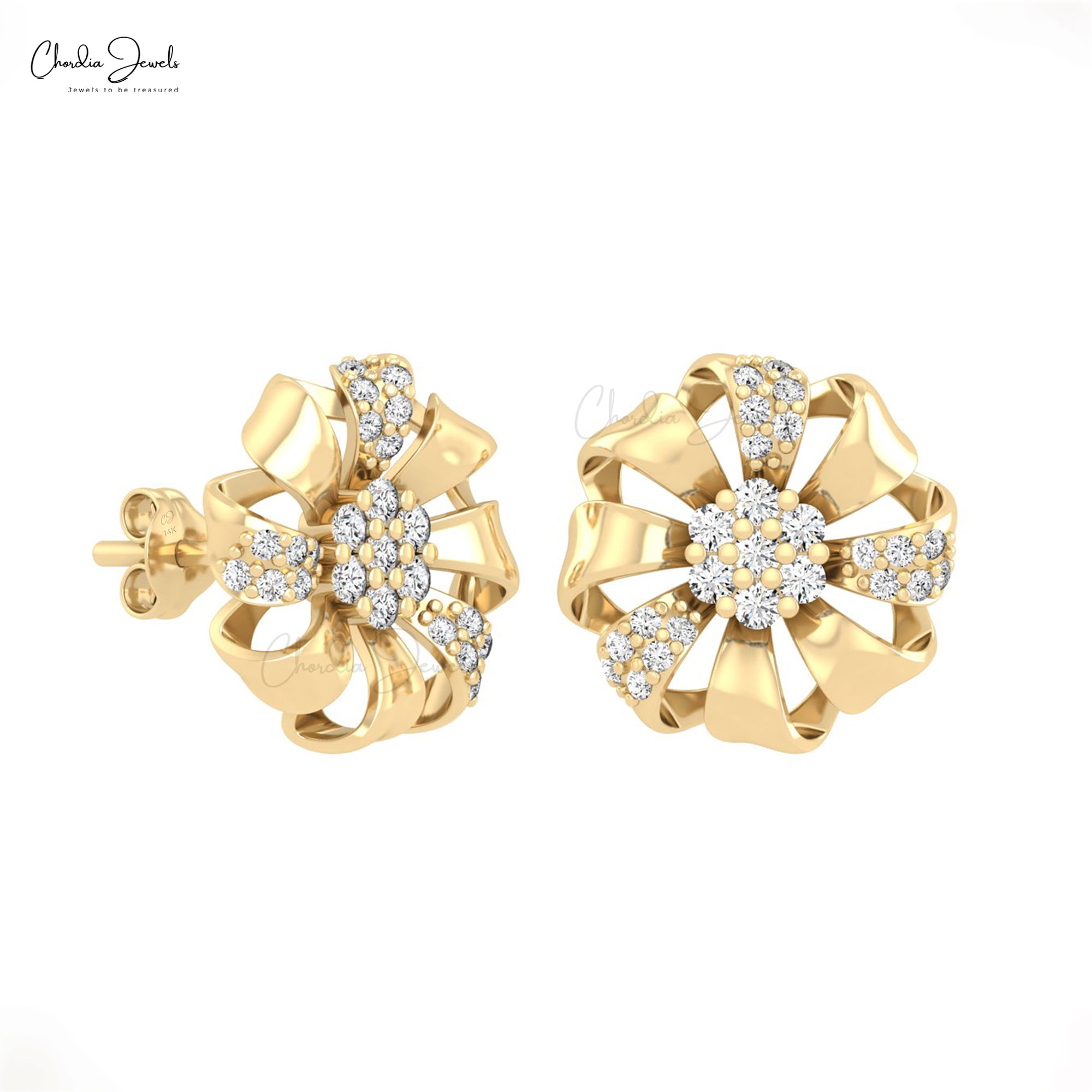 Flower Style Women Earrings With 0.39 Ct G-H Diamond Push Back Studs In 14k Real Gold
