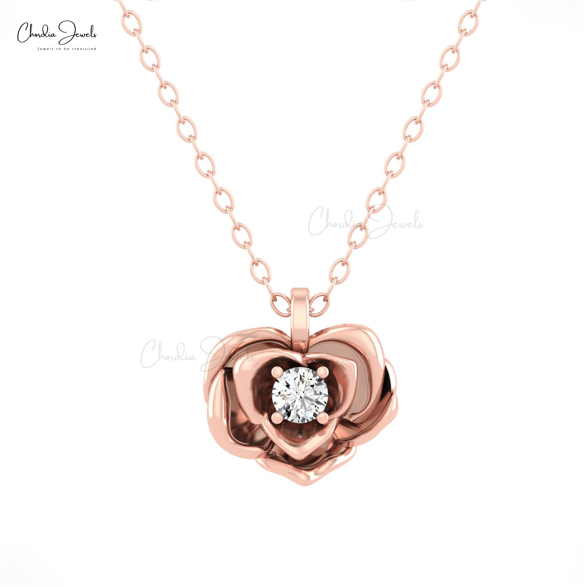 Rose Style Curved Pendant With 3mm White Diamond Solitaire Floral Necklace In 14k Gold