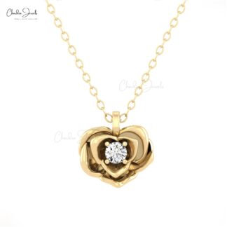 Rose Style Curved Pendant With 3mm White Diamond Solitaire Floral Necklace In 14k Gold