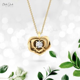 Rose Style Curved Pendant With 3mm White Diamond Solitaire Floral Necklace In 14k Gold