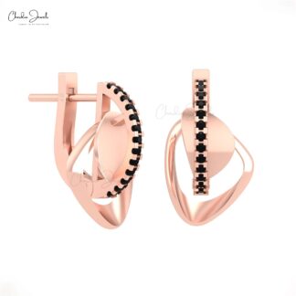 Round Cut Curved Bar Earrings With 0.13 Ct Black Diamond Clip Earrings In 14k Real Gold