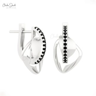 Round Cut Curved Bar Earrings With 0.13 Ct Black Diamond Clip Earrings In 14k Real Gold