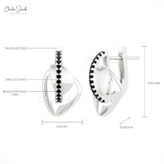 Round Cut Curved Bar Earrings With 0.13 Ct Black Diamond Clip Earrings In 14k Real Gold