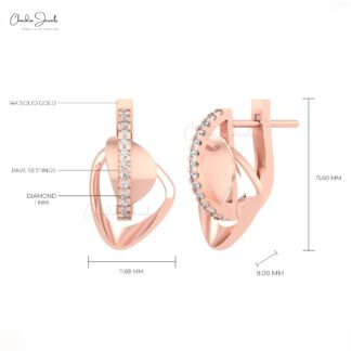 Genuine White Diamond Link Huggies With 1mm Round Cut Pave In 14k Real Gold Earrings