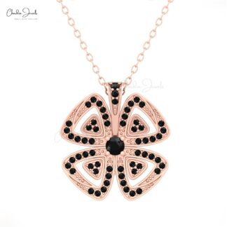 Round Cut Flower Daisy Pendant With 0.34 Ct Black Diamond 14k Solid Gold Handmade Pendants